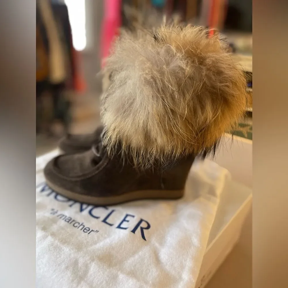 Moncler Charlotte Suede Wedge Boots with Fur Trim (Size 37) NWT Box and dustbag.
